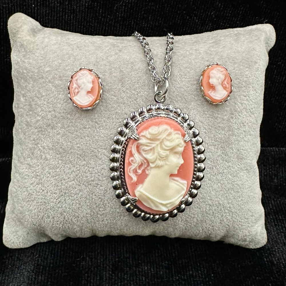 Cameo Necklace Post Earring Set 1970s Victorian Revival Angel Skin Coral Lucite